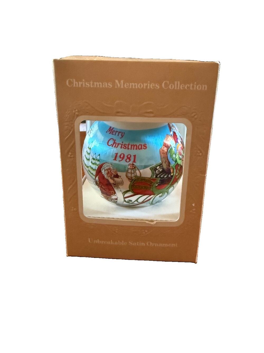 Vtg 1981 Christmas Memories Collection Unbreakable Satin Ornament Santa Sleigh